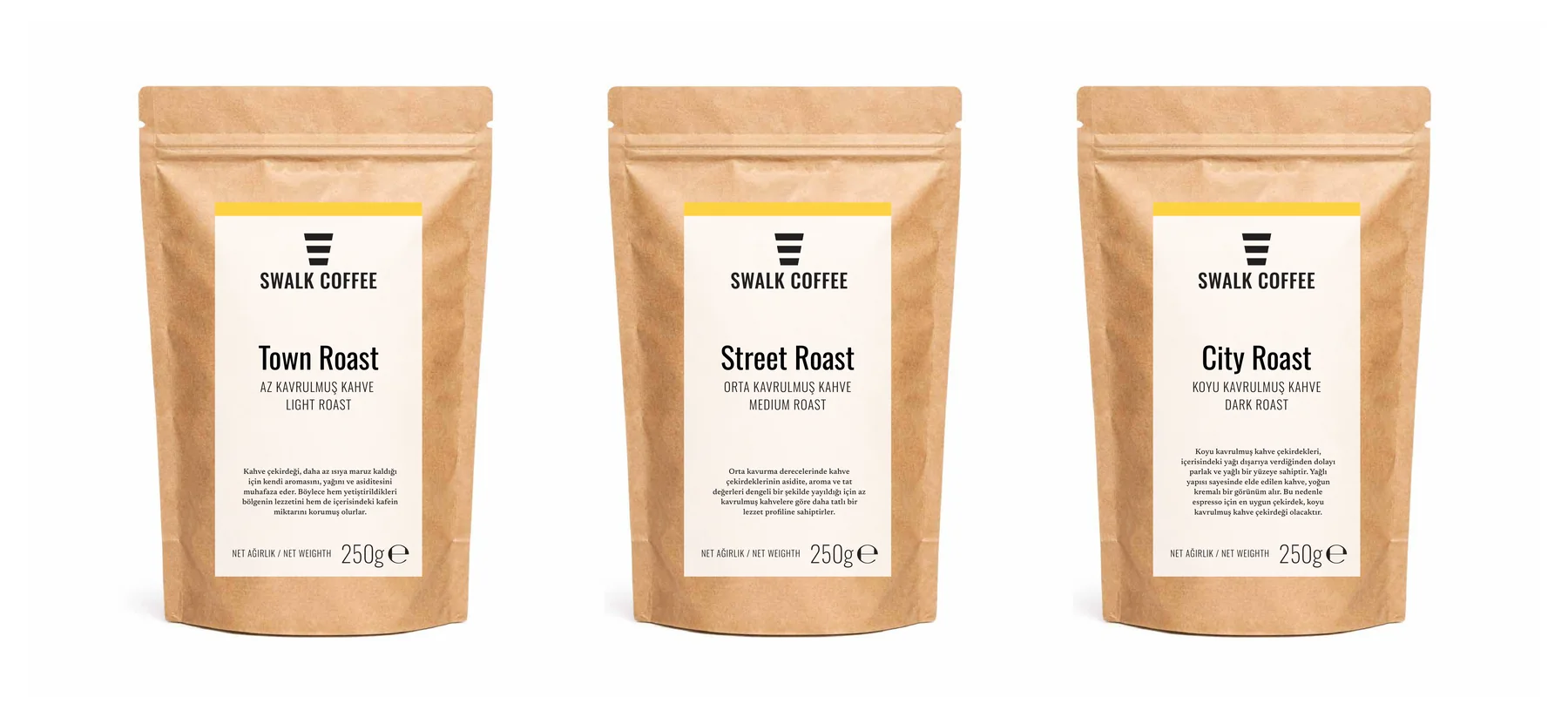 Town Roast, Street Roast ve City Roast kahve paketleri